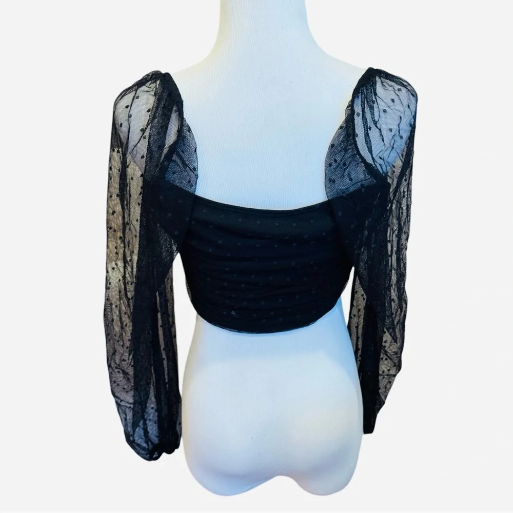Blue Blush Black Mesh Top Crop Ruched Semi Sheer Polka Dots L